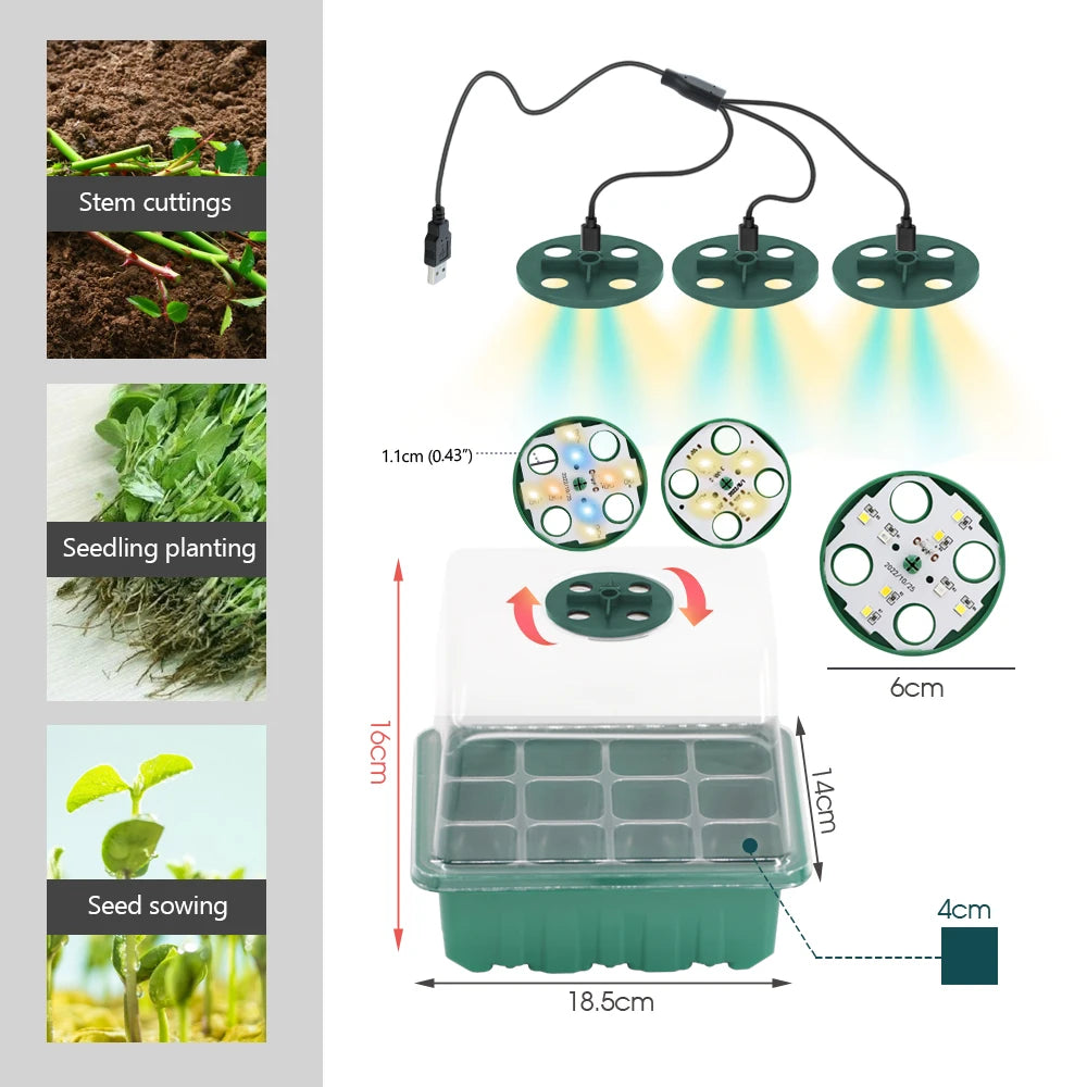 LED Nursery Pots with Grow Light Plant Seed Starter Trays Home Greenhouse Growing Lamp 12Cell Seedling Box Timer Kit Controller