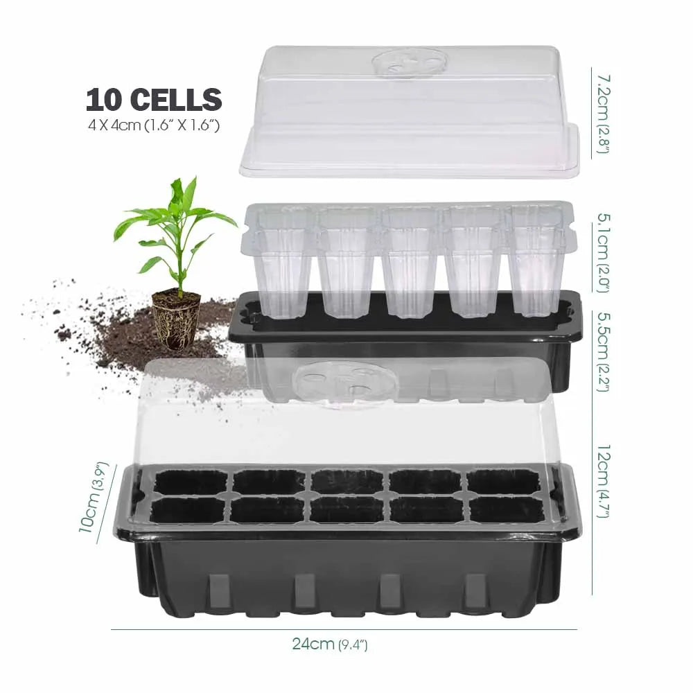 10 Cells Sill Nursery Seedling Trays Adjustable Humidity Germination Box Transparent Cover Indoor Garden Greenhouse Growth Pots