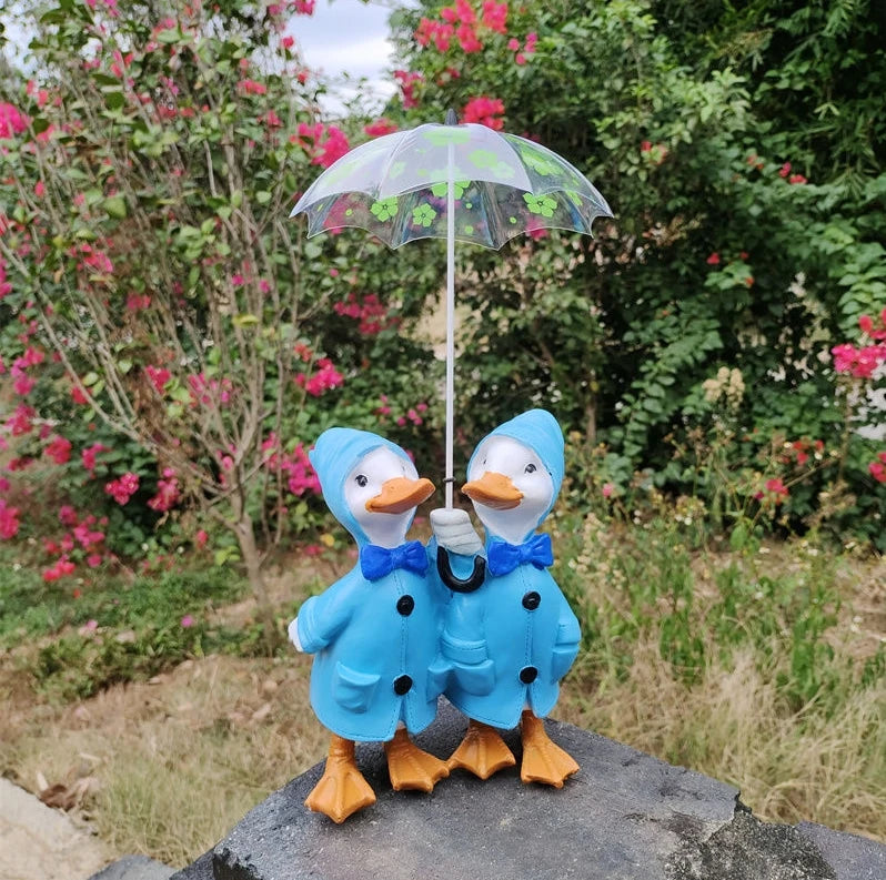 Nordic Umbrella Couple Ducks Resin Statue Ornaments Outdoor Garden Courtyard Figurines Villa Balcony Accessories Decoration