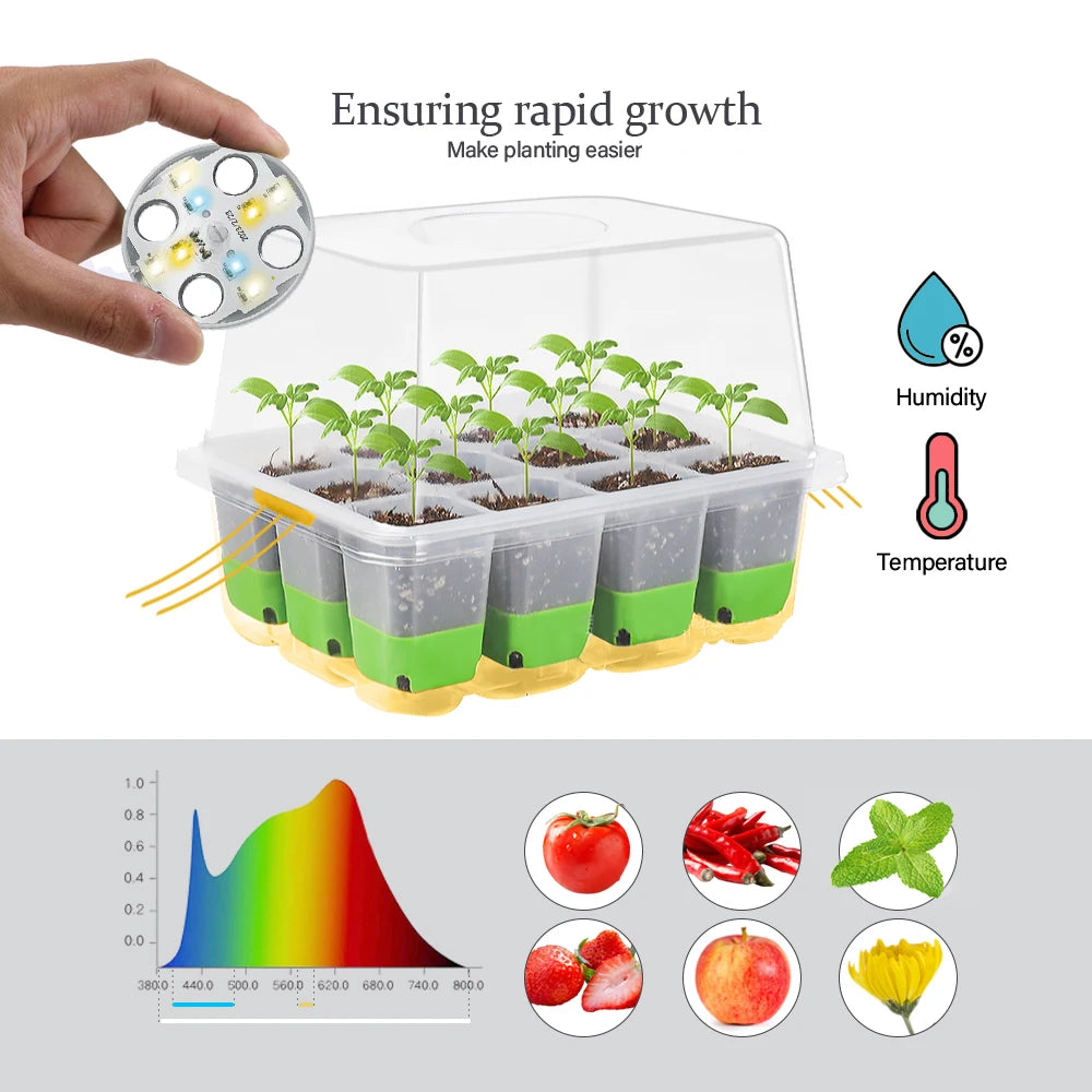 12Cell TPE Garden Seedling Tray with LED Planting Light for Indoor Seed Starter Germination Growth Box Nursery Cultivation Pots