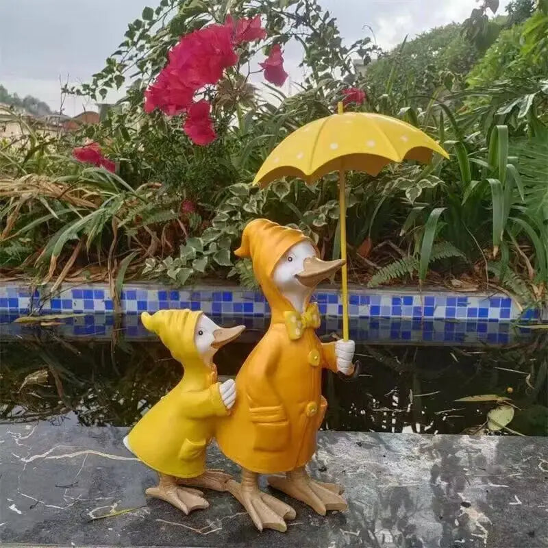 Nordic Umbrella Couple Ducks Resin Statue Ornaments Outdoor Garden Courtyard Figurines Villa Balcony Accessories Decoration