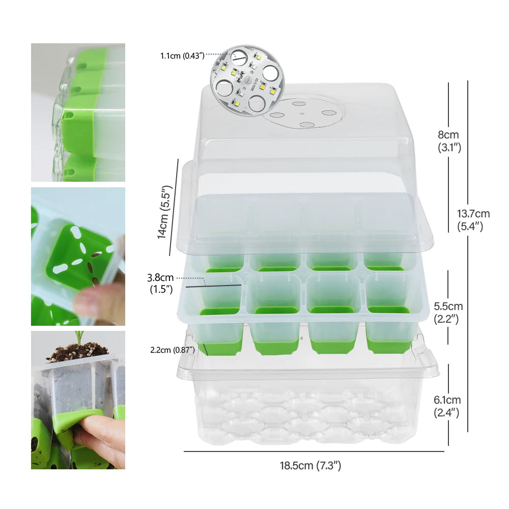 12Cell TPE Garden Seedling Tray with LED Planting Light for Indoor Seed Starter Germination Growth Box Nursery Cultivation Pots