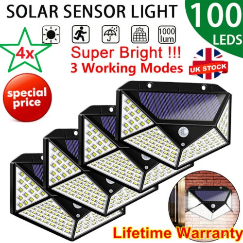 4X Solar Power PIR Motion Sensor Wall Lights LED Outdoor Garden Security Lamp