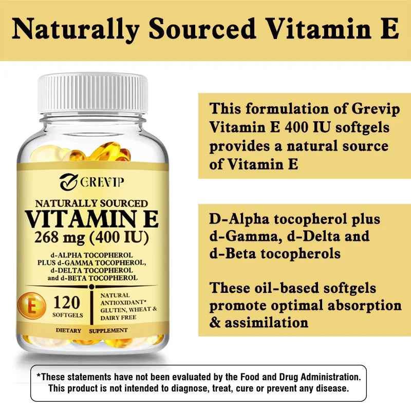 Vitamin E - Skin and Liver Health, Improves Blood Circulation, Protects Cells From Oxidative Stress - 120 Capsules