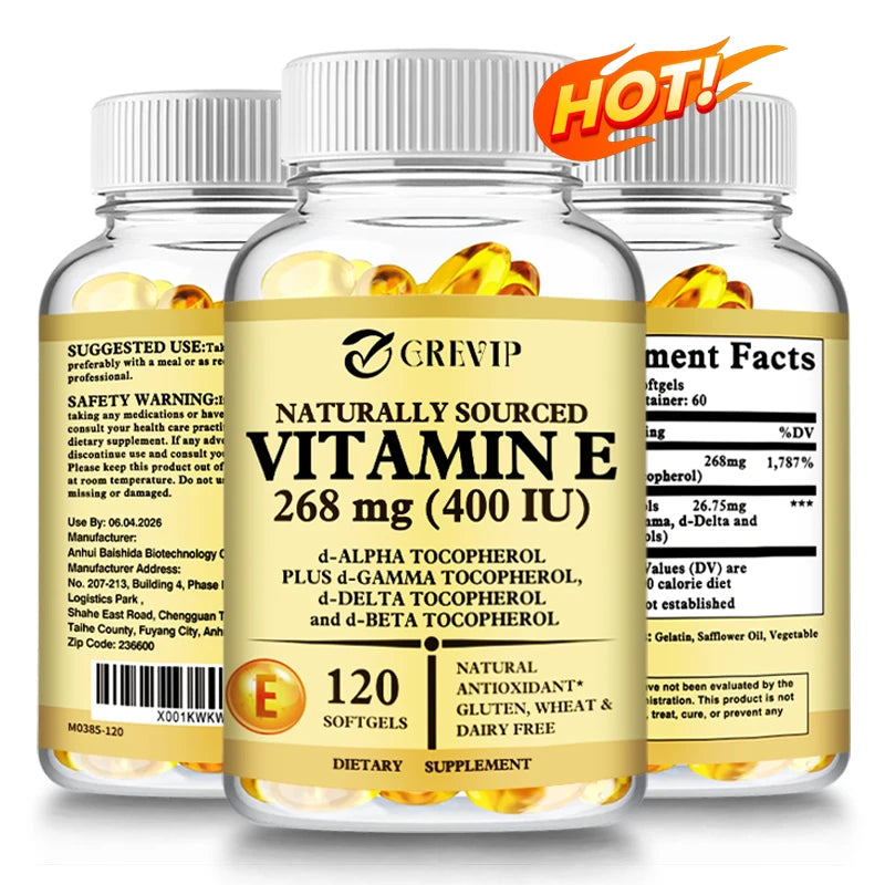 Vitamin E - Skin and Liver Health, Improves Blood Circulation, Protects Cells From Oxidative Stress - 120 Capsules