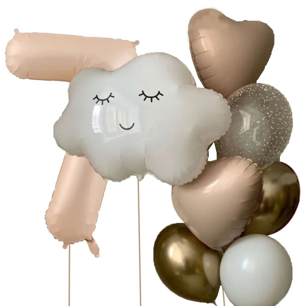 11pcs White Smile Cloud Aluminum Foil Balloons Set 32inch Caramel Helium Number Birthday Party Kids Baby Shower Decorations