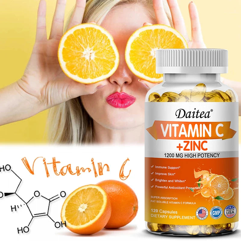 Vitamin C + Zinc Capsules - Immune System Booster Antioxidant Helps Improve Skin Brightening Supports Cellular Energy Production