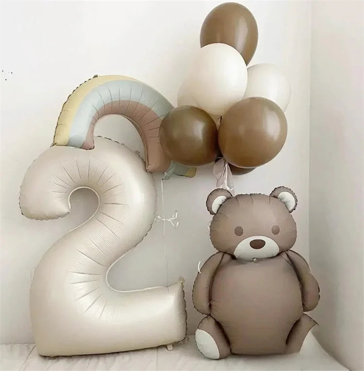 10pcs Cream Number Bear Rainbow Foil Balloons Happy Birthday Party Decorations Kids Girl Boy 1 2 3 4 5 6 7 8 9 Year Old Supplies