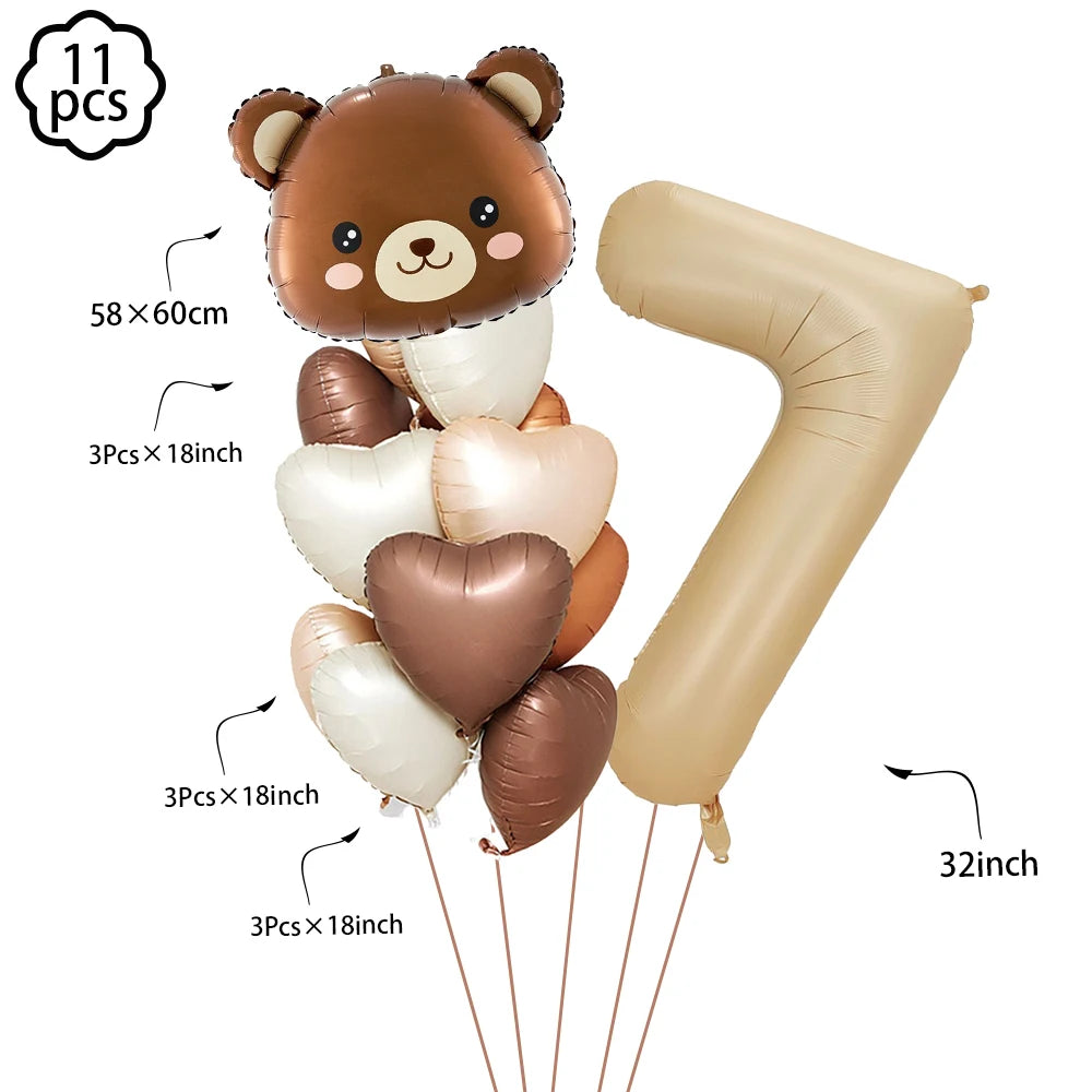 Coffee Brown Teddy Bear Balloon Number Heart Balloon set kids girls Birthday Party Decor balloon wedding Baby Shower party decor