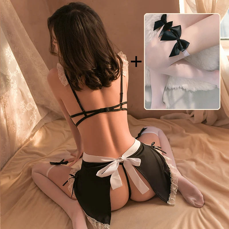 Women Sexy Lingerie Low-Cut Tied Maid Dress Underwear Costume Cosplay Palace Servant Hot Babydoll Lace Uniform Erotic Role Play