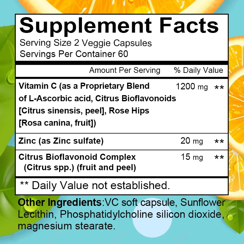 Vitamin C + Zinc Capsules - Immune System Booster Antioxidant Helps Improve Skin Brightening Supports Cellular Energy Production