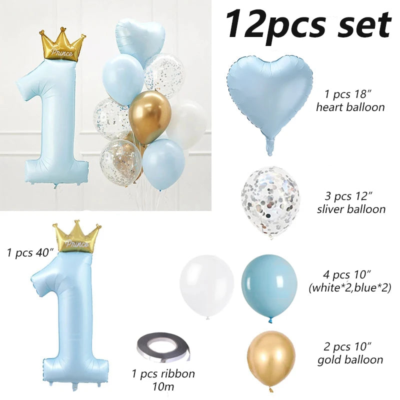 40inch Prince Crown Number Foil Balloons 1st Birthday Party Decorations Kids Boy Girl First One Year Anniversary Globos Supplies