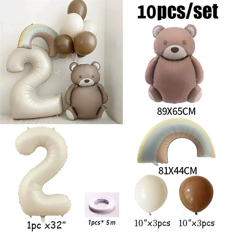 10pcs Cream Number Bear Rainbow Foil Balloons Happy Birthday Party Decorations Kids Girl Boy 1 2 3 4 5 6 7 8 9 Year Old Supplies