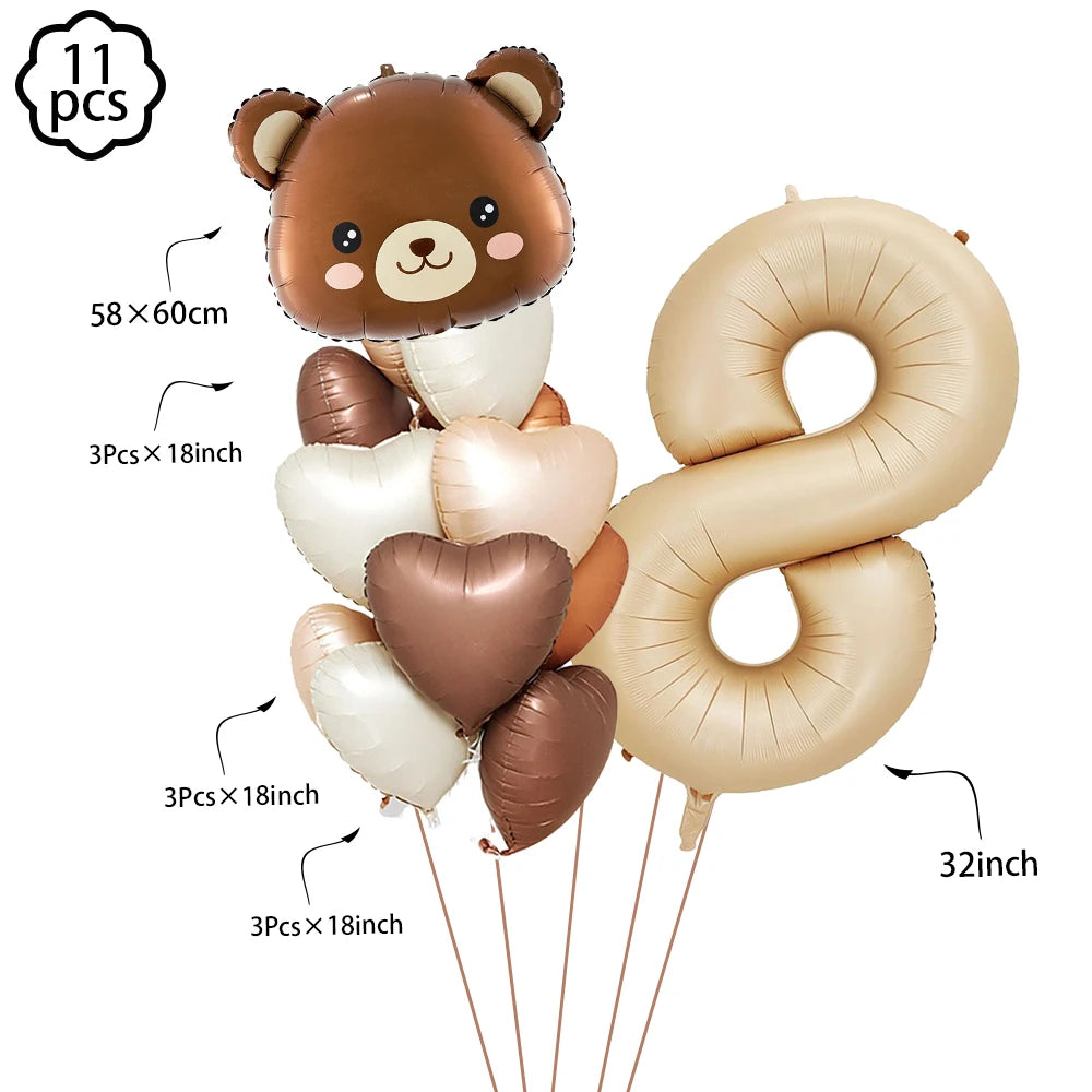 Coffee Brown Teddy Bear Balloon Number Heart Balloon set kids girls Birthday Party Decor balloon wedding Baby Shower party decor