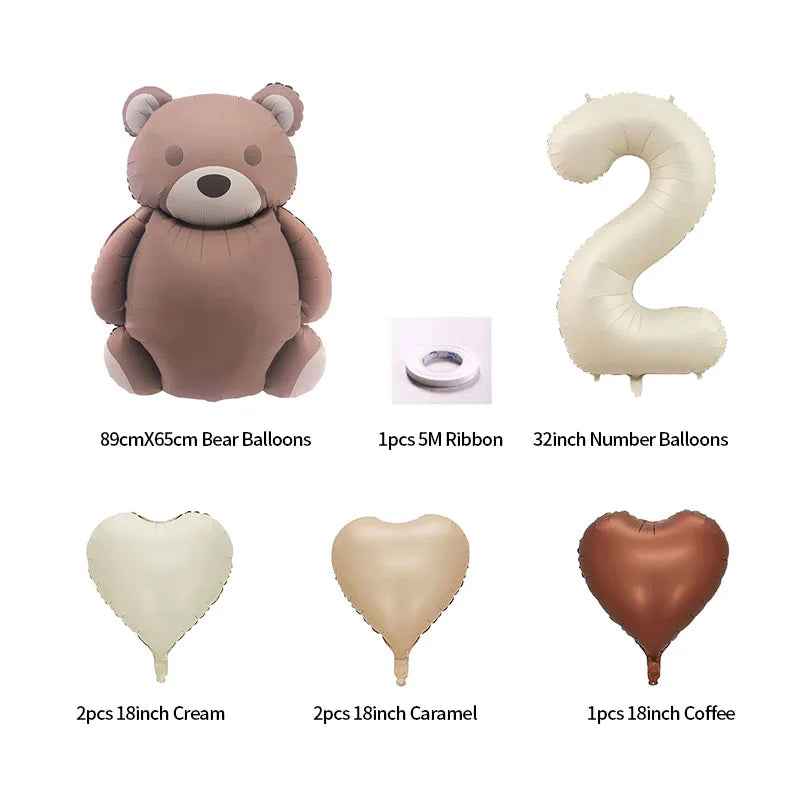 8pcs Cream Number Bear Heart Foil Balloons 3rd Birthday Party Decorations Kids Girl Boy Baby 1 2 3 4 5 6 7 8 9 Year Old Supplies