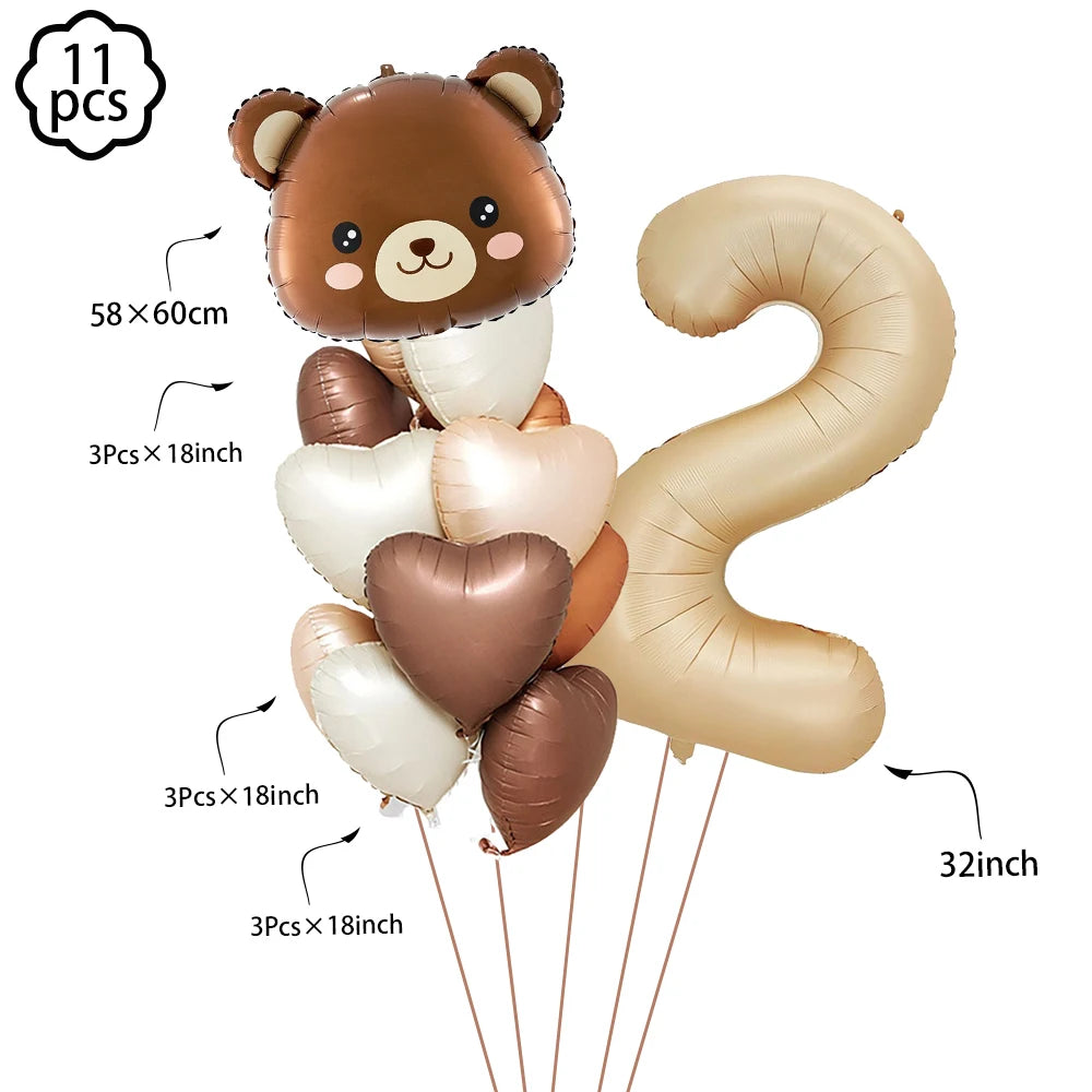 Coffee Brown Teddy Bear Balloon Number Heart Balloon set kids girls Birthday Party Decor balloon wedding Baby Shower party decor