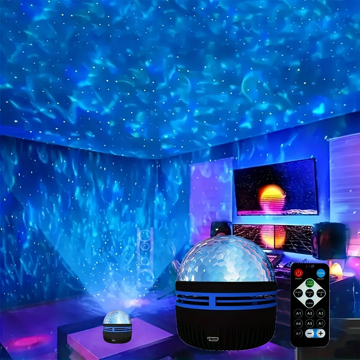 LED Starry Galaxy Ocean Wave Projector RGB Smart Remote Control Lamp KTV USB Christmas Lights Auto Rotate for Home Bedroom Decor