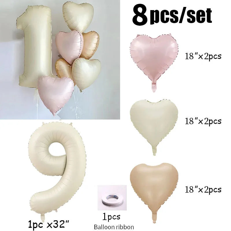 8pcs Cream Color Number Heart Foil Balloons Happy Birthday Party Decorations Kids Girl Boy 1 2 3 4 5 6 7 8 9 Year Old Supplies