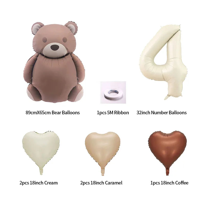 8pcs Cream Number Bear Heart Foil Balloons 3rd Birthday Party Decorations Kids Girl Boy Baby 1 2 3 4 5 6 7 8 9 Year Old Supplies