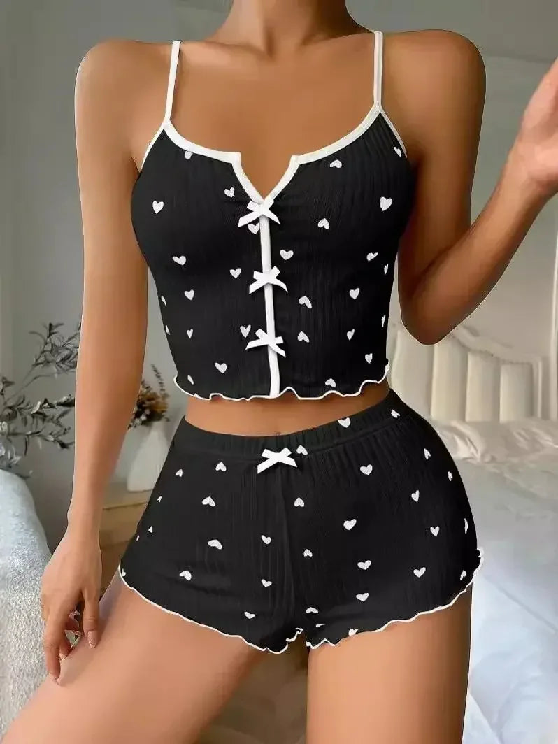 Sleepwear Women Pajamas Set Heart Print Soft Ribbed Fabric with Flirty Frill Trim Casual Cami Top and Shorts Sets Loungewear