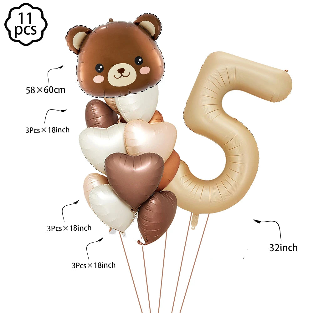 Coffee Brown Teddy Bear Balloon Number Heart Balloon set kids girls Birthday Party Decor balloon wedding Baby Shower party decor