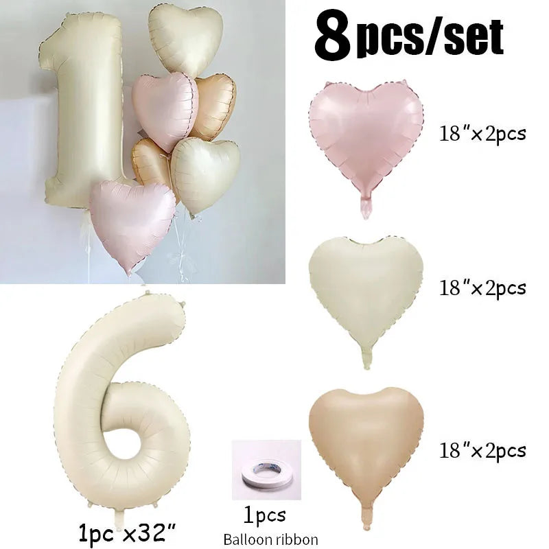 8pcs Cream Color Number Heart Foil Balloons Happy Birthday Party Decorations Kids Girl Boy 1 2 3 4 5 6 7 8 9 Year Old Supplies