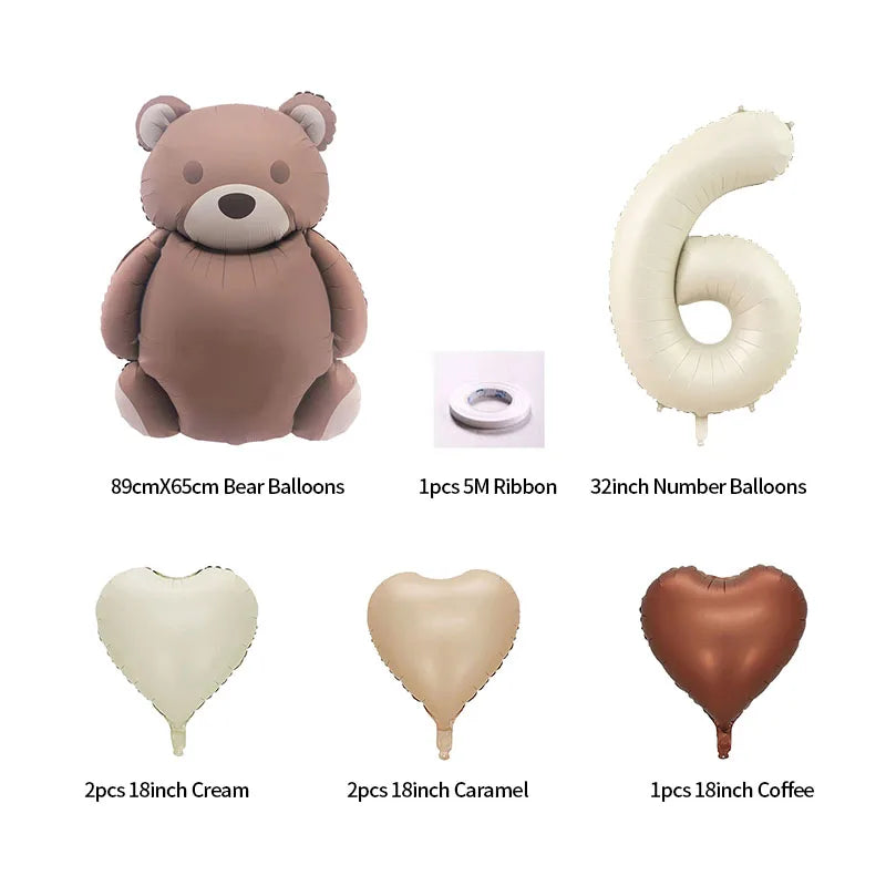 8pcs Cream Number Bear Heart Foil Balloons 3rd Birthday Party Decorations Kids Girl Boy Baby 1 2 3 4 5 6 7 8 9 Year Old Supplies