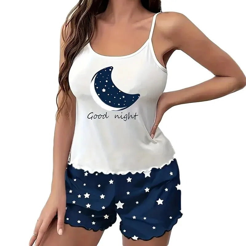 2 PCS Women Pajama Sleepwear Pajama Set Short-Sleeved Shorts Suit S M L Blue Moon Star Print Ventilate Soft Comfort Home Leisure