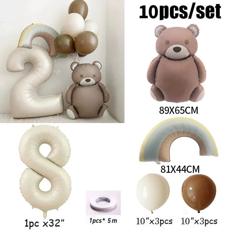 10pcs Cream Number Bear Rainbow Foil Balloons Happy Birthday Party Decorations Kids Girl Boy 1 2 3 4 5 6 7 8 9 Year Old Supplies