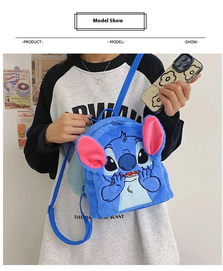 New Disney Plush Backpack Ins Japanese Blue Stitch Funny Cartoon Large-Capacity Student Backpack Kindergarten Bag Child Gift