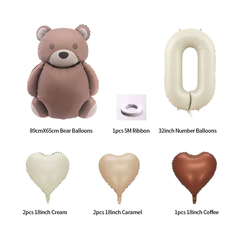 8pcs Cream Number Bear Heart Foil Balloons 3rd Birthday Party Decorations Kids Girl Boy Baby 1 2 3 4 5 6 7 8 9 Year Old Supplies