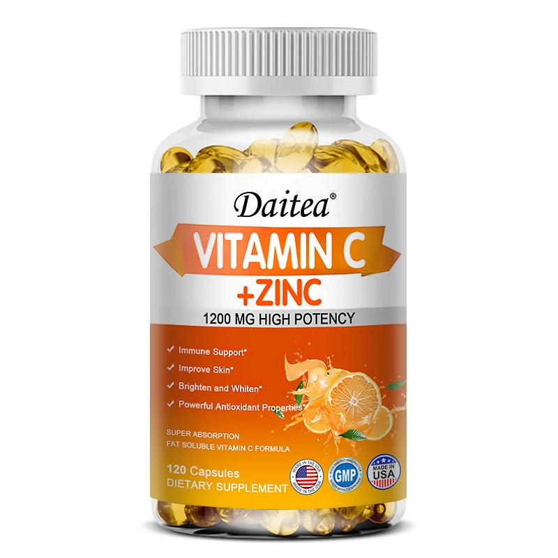 Vitamin C + Zinc Capsules - Immune System Booster Antioxidant Helps Improve Skin Brightening Supports Cellular Energy Production