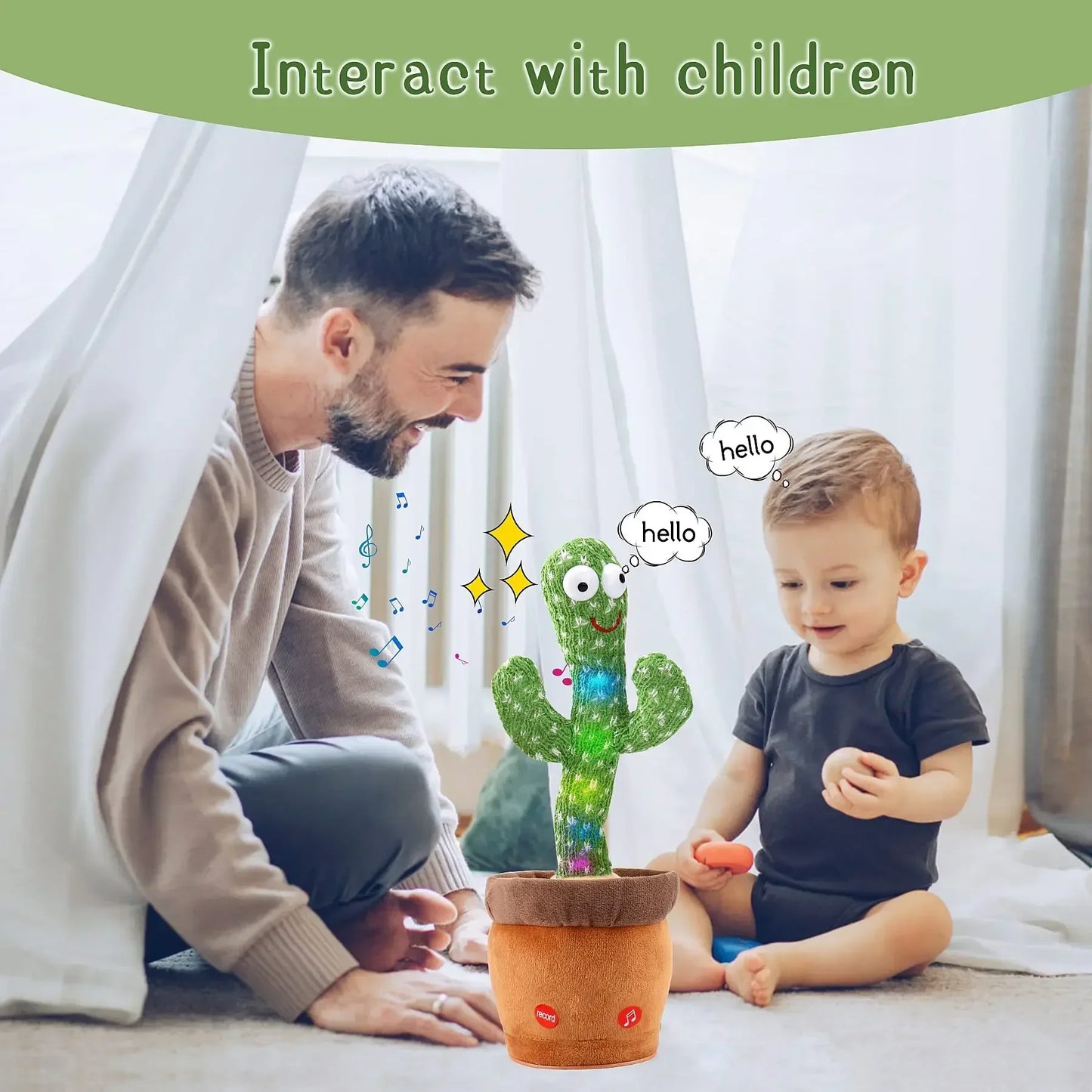 A talking cactus toy that can be charged, recorded, and repeated. Suitable for Spanish, English, and Arabic  voice changer