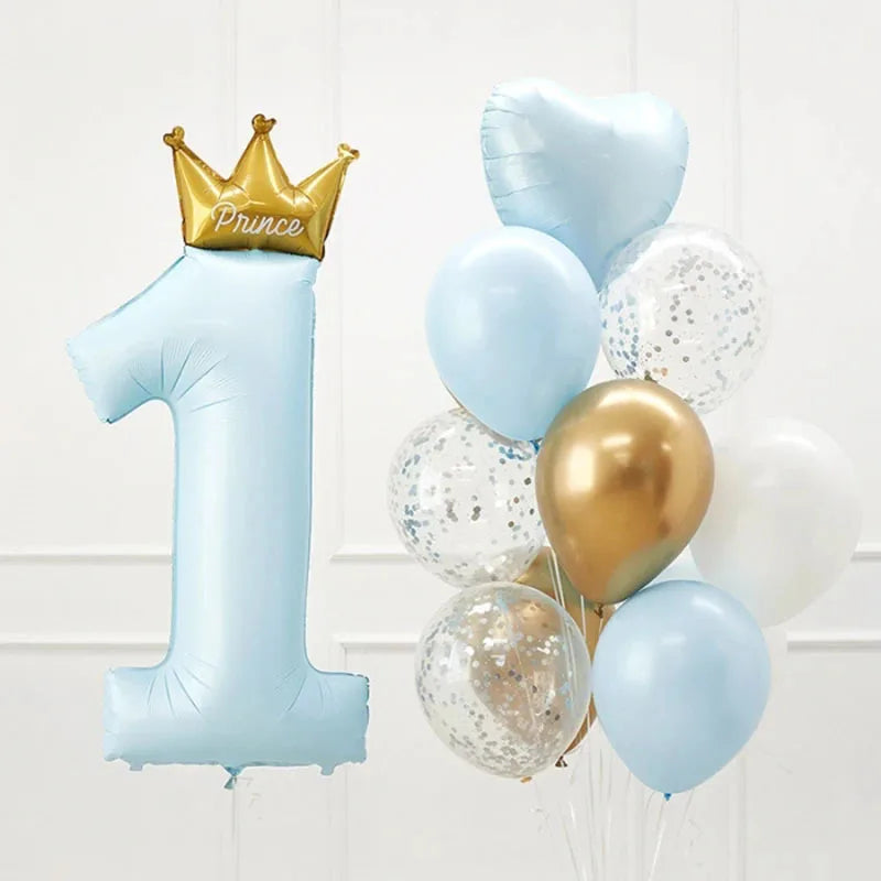 40inch Prince Crown Number Foil Balloons 1st Birthday Party Decorations Kids Boy Girl First One Year Anniversary Globos Supplies