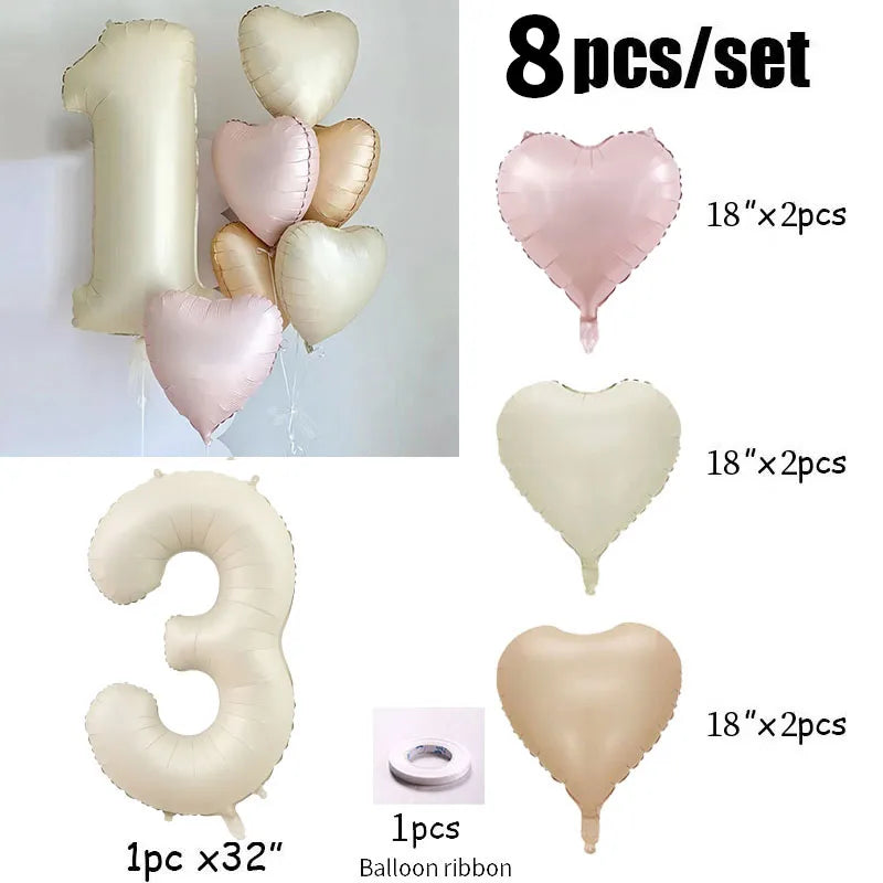 8pcs Cream Color Number Heart Foil Balloons Happy Birthday Party Decorations Kids Girl Boy 1 2 3 4 5 6 7 8 9 Year Old Supplies