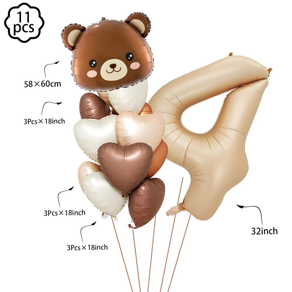 Coffee Brown Teddy Bear Balloon Number Heart Balloon set kids girls Birthday Party Decor balloon wedding Baby Shower party decor