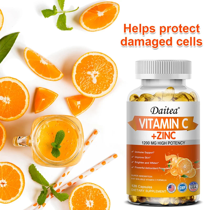 Vitamin C + Zinc Capsules - Immune System Booster Antioxidant Helps Improve Skin Brightening Supports Cellular Energy Production