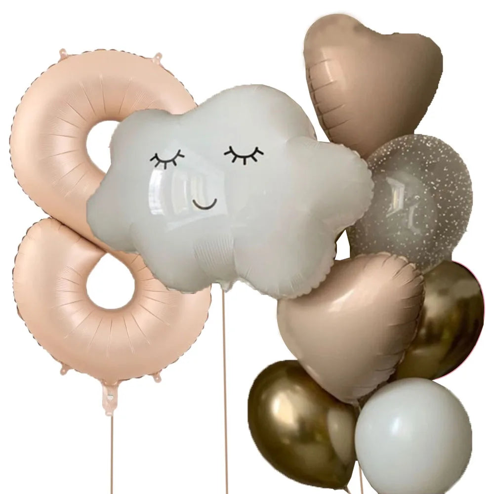 11pcs White Smile Cloud Aluminum Foil Balloons Set 32inch Caramel Helium Number Birthday Party Kids Baby Shower Decorations