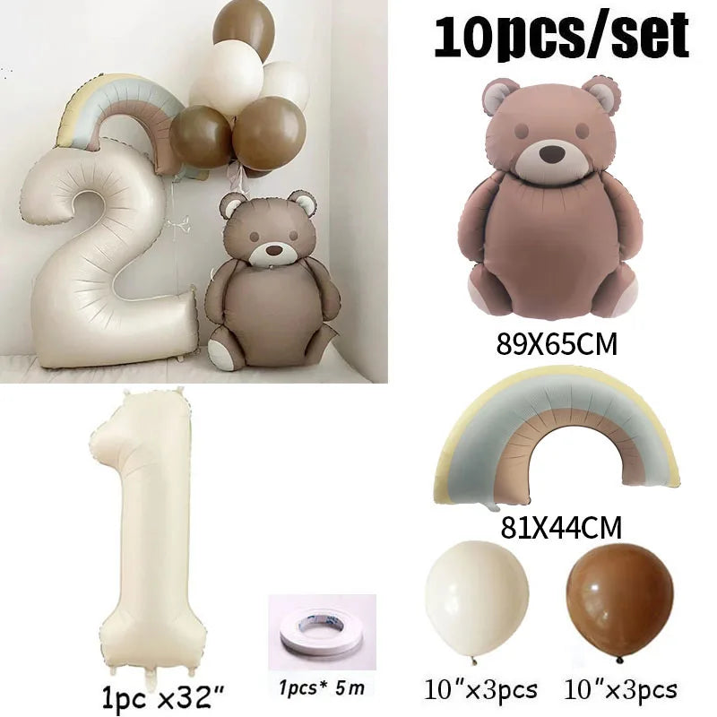 10pcs Cream Number Bear Rainbow Foil Balloons Happy Birthday Party Decorations Kids Girl Boy 1 2 3 4 5 6 7 8 9 Year Old Supplies