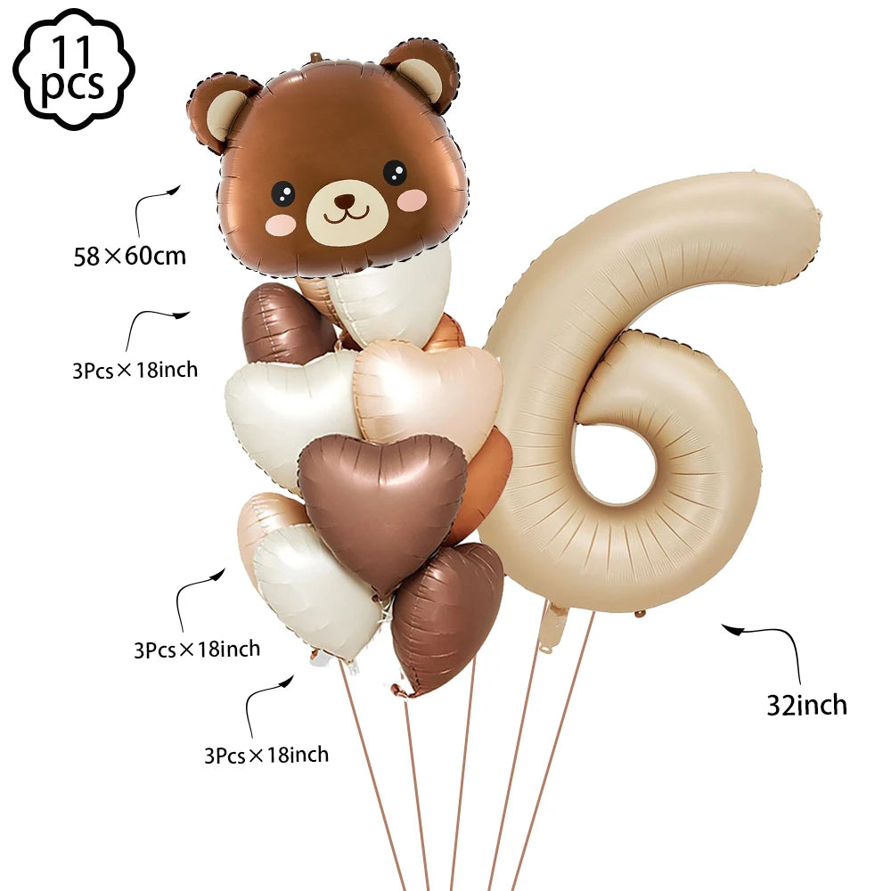 Coffee Brown Teddy Bear Balloon Number Heart Balloon set kids girls Birthday Party Decor balloon wedding Baby Shower party decor