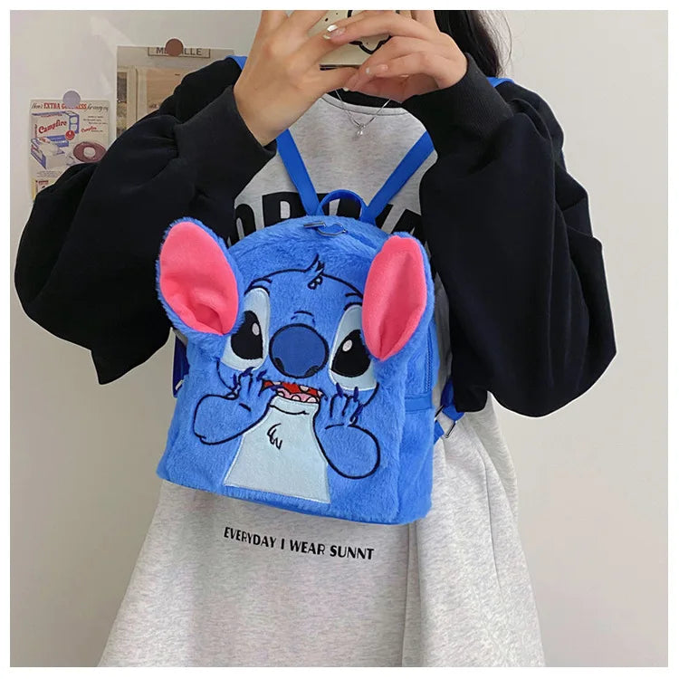 New Disney Plush Backpack Ins Japanese Blue Stitch Funny Cartoon Large-Capacity Student Backpack Kindergarten Bag Child Gift