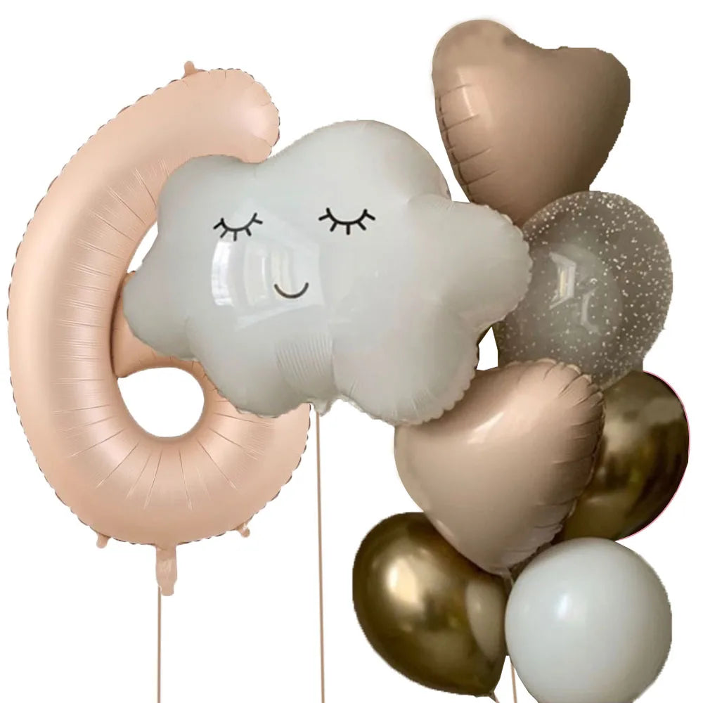 11pcs White Smile Cloud Aluminum Foil Balloons Set 32inch Caramel Helium Number Birthday Party Kids Baby Shower Decorations