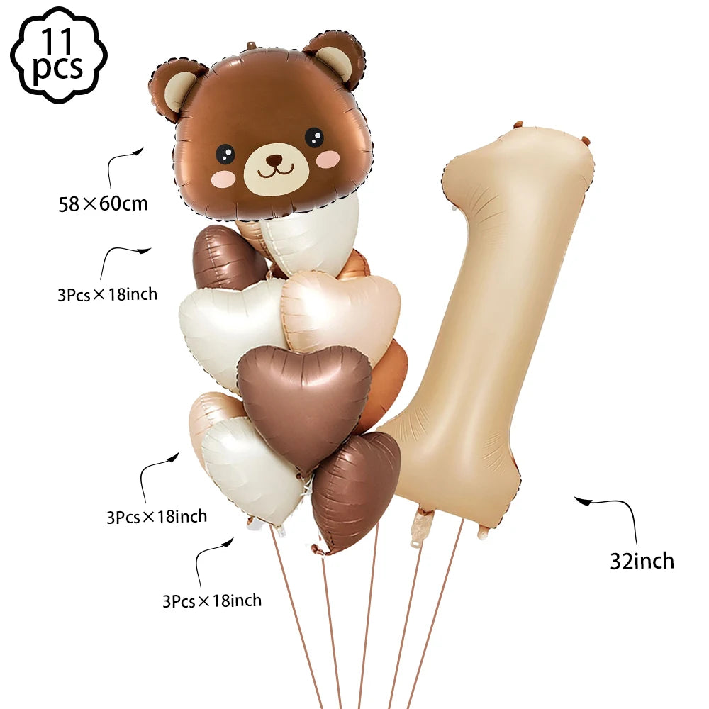 Coffee Brown Teddy Bear Balloon Number Heart Balloon set kids girls Birthday Party Decor balloon wedding Baby Shower party decor