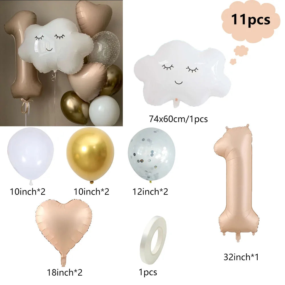 11pcs White Smile Cloud Aluminum Foil Balloons Set 32inch Caramel Helium Number Birthday Party Kids Baby Shower Decorations