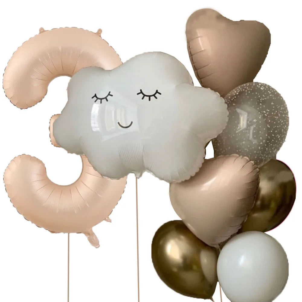 11pcs White Smile Cloud Aluminum Foil Balloons Set 32inch Caramel Helium Number Birthday Party Kids Baby Shower Decorations