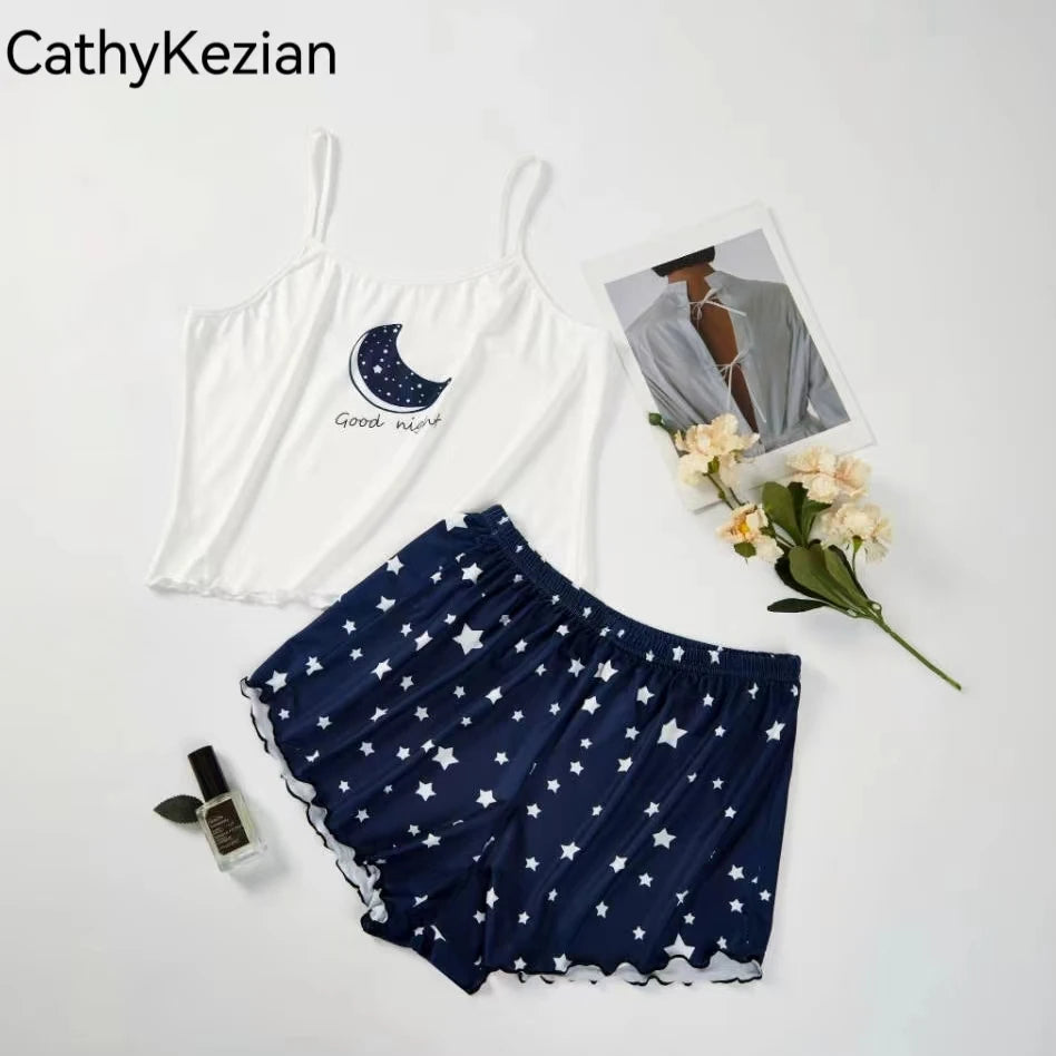 2 PCS Women Pajama Sleepwear Pajama Set Short-Sleeved Shorts Suit S M L Blue Moon Star Print Ventilate Soft Comfort Home Leisure