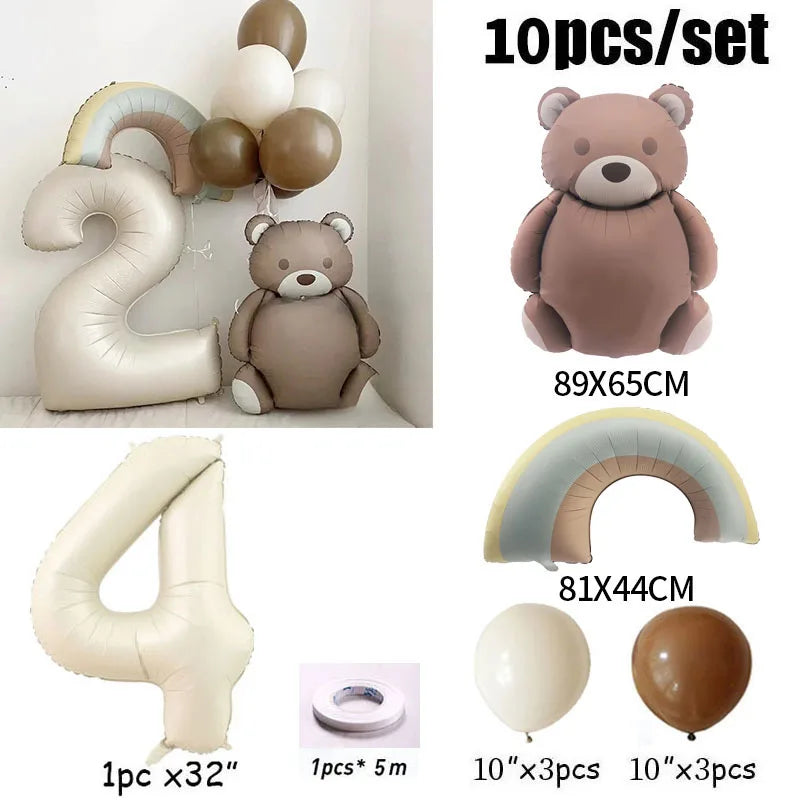 10pcs Cream Number Bear Rainbow Foil Balloons Happy Birthday Party Decorations Kids Girl Boy 1 2 3 4 5 6 7 8 9 Year Old Supplies