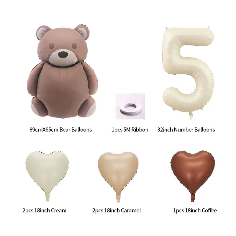 8pcs Cream Number Bear Heart Foil Balloons 3rd Birthday Party Decorations Kids Girl Boy Baby 1 2 3 4 5 6 7 8 9 Year Old Supplies