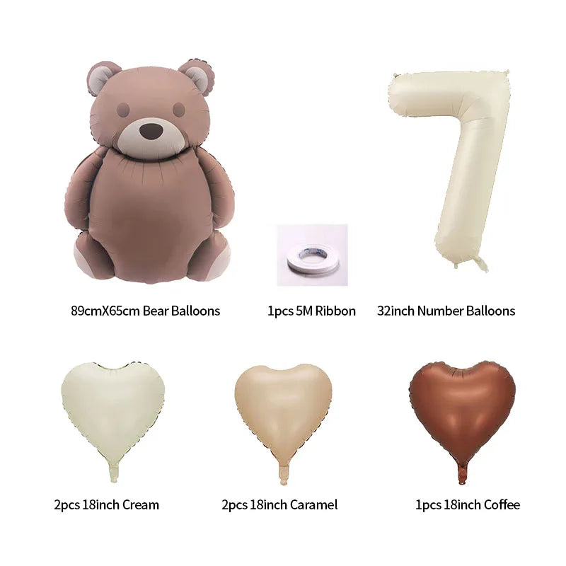 8pcs Cream Number Bear Heart Foil Balloons 3rd Birthday Party Decorations Kids Girl Boy Baby 1 2 3 4 5 6 7 8 9 Year Old Supplies