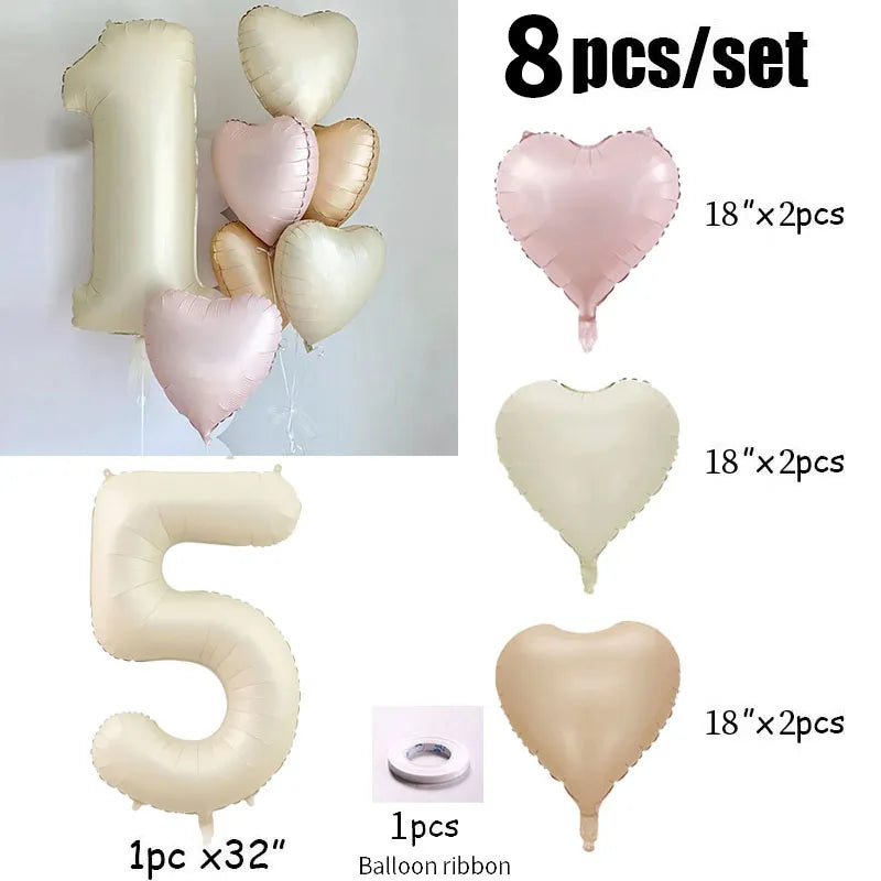 8pcs Cream Color Number Heart Foil Balloons Happy Birthday Party Decorations Kids Girl Boy 1 2 3 4 5 6 7 8 9 Year Old Supplies